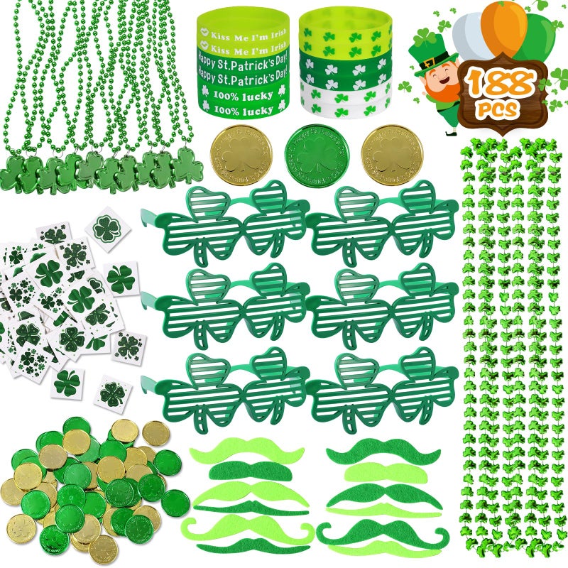 Max Fun 188Pcs St Patricks Day Accessories Party Favors Set Decorations Kids Saint Patricks Day Irish Decor, Green Beads Shamrock for Parades Supplies - Image 1